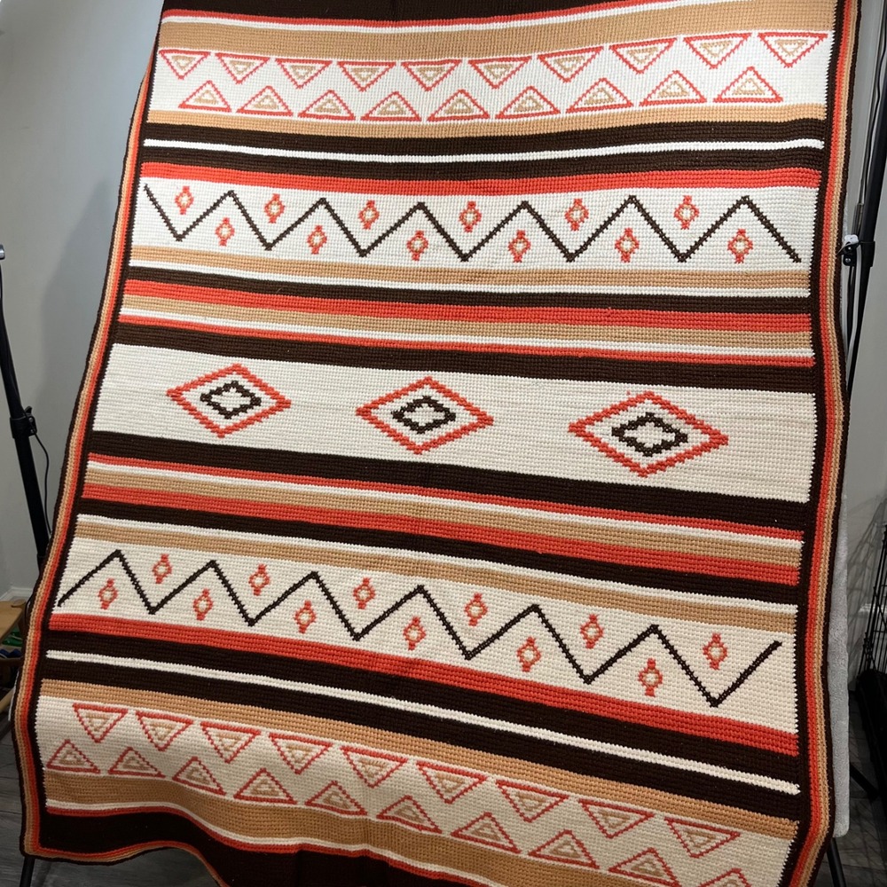 Vtg Handmade Crochet Afghan Blanket Large Southwestern Western Country Boho